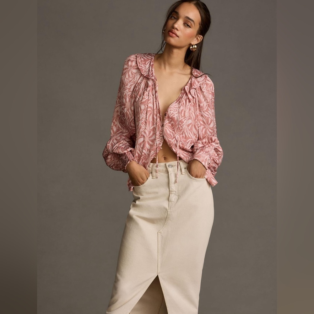 Florence Balducci for Anthropologie | Femme Collared Blouse Pink Red Motif Sz M